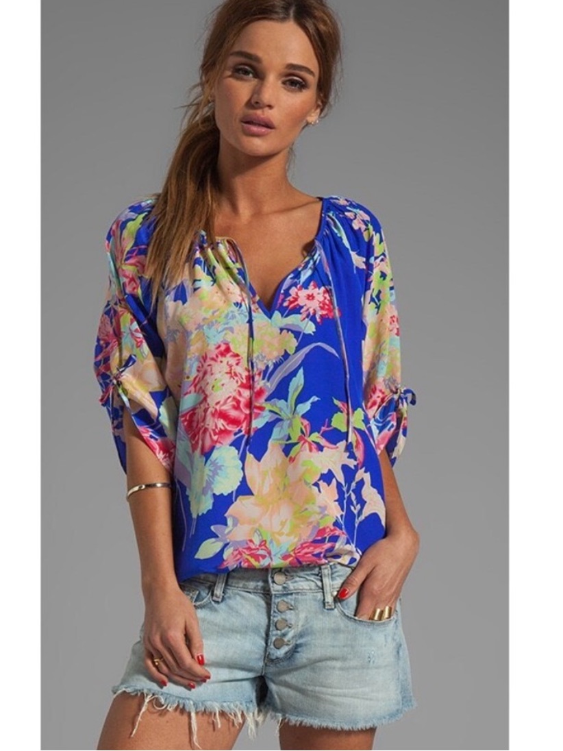 Revolve Yumi Kim Joey Ruched Sleeve Boho Blouse In Blue Zean Floral Xs